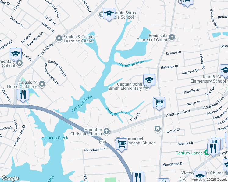 map of restaurants, bars, coffee shops, grocery stores, and more near 311 Lakeland Drive in Hampton