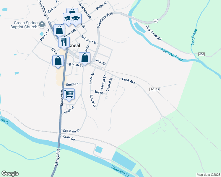 map of restaurants, bars, coffee shops, grocery stores, and more near 119 Central Street in Brookneal