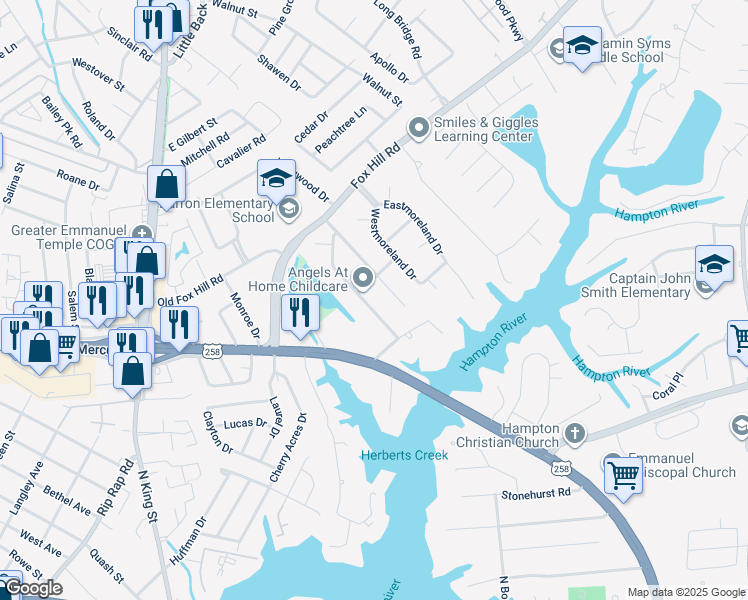 map of restaurants, bars, coffee shops, grocery stores, and more near 14 Markham Drive in Hampton