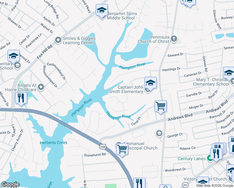 map of restaurants, bars, coffee shops, grocery stores, and more near 300 Beechmount Drive in Hampton