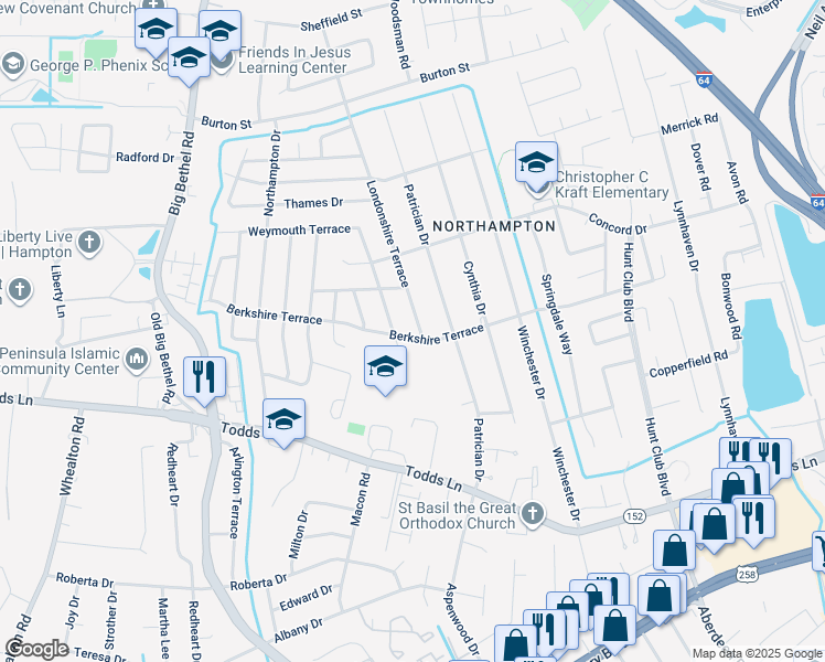 map of restaurants, bars, coffee shops, grocery stores, and more near 33 Londonshire Terrace in Hampton