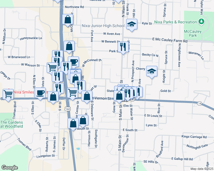 map of restaurants, bars, coffee shops, grocery stores, and more near 206 New Street in Nixa