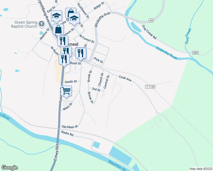 map of restaurants, bars, coffee shops, grocery stores, and more near 119 Central Street in Brookneal