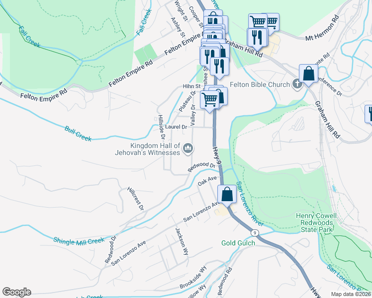 map of restaurants, bars, coffee shops, grocery stores, and more near 5815 Valley Drive in Felton