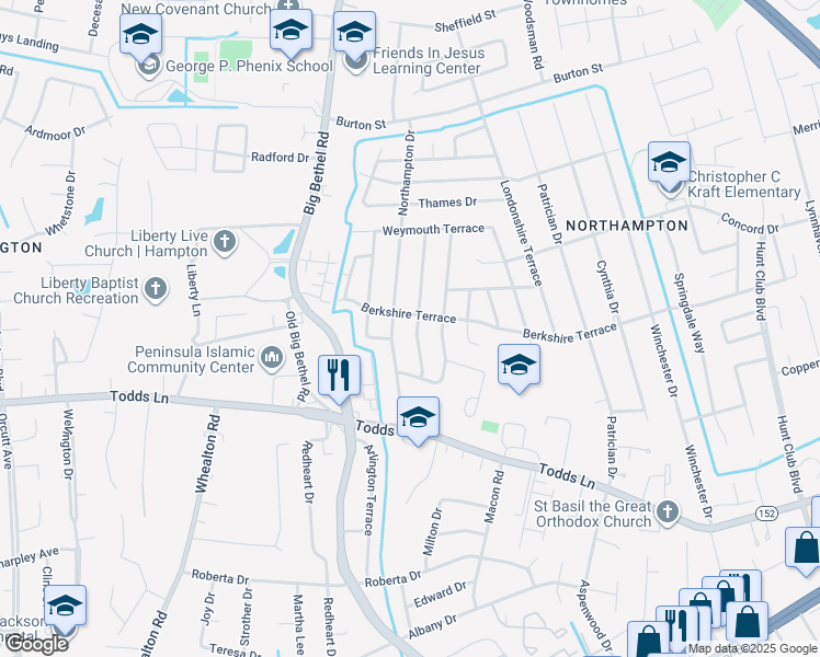 map of restaurants, bars, coffee shops, grocery stores, and more near 36 Lancaster Terrace in Hampton