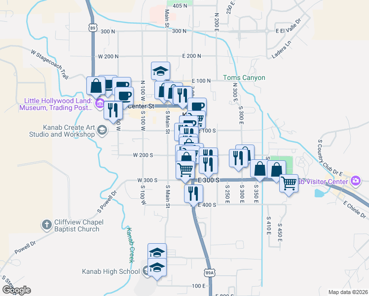 map of restaurants, bars, coffee shops, grocery stores, and more near 162-166 S 100 E in Kanab