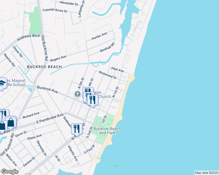 map of restaurants, bars, coffee shops, grocery stores, and more near 116 Parkview Place in Hampton
