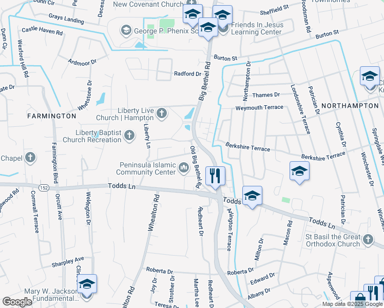 map of restaurants, bars, coffee shops, grocery stores, and more near 1040 Topping Lane in Hampton