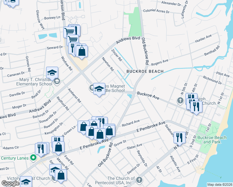 map of restaurants, bars, coffee shops, grocery stores, and more near 1807 Nickerson Boulevard in Hampton