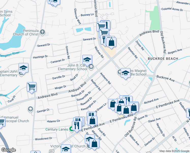 map of restaurants, bars, coffee shops, grocery stores, and more near 2004 Andrews Boulevard in Hampton
