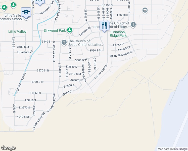 map of restaurants, bars, coffee shops, grocery stores, and more near 2888 Auburn Drive in St. George