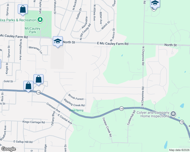 map of restaurants, bars, coffee shops, grocery stores, and more near 113 North Glengary Drive in Nixa