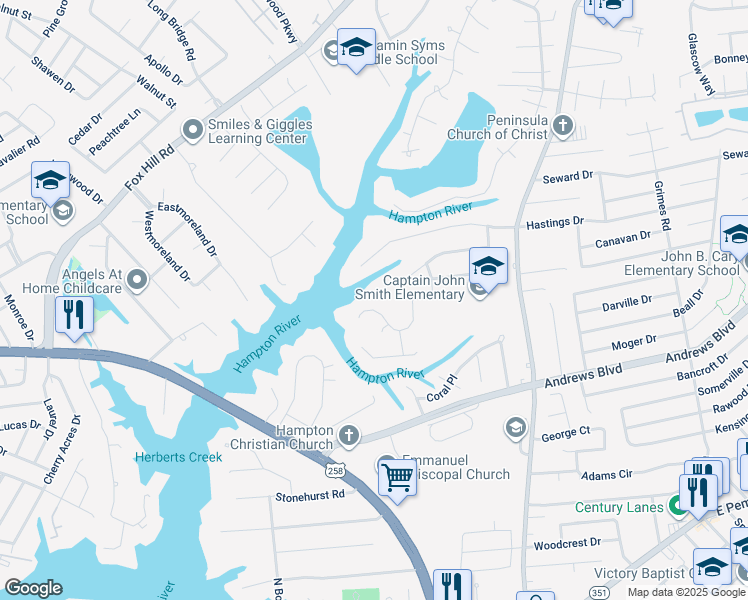 map of restaurants, bars, coffee shops, grocery stores, and more near 311 Lakeland Drive in Hampton