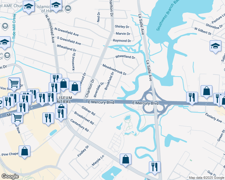 map of restaurants, bars, coffee shops, grocery stores, and more near 13 Hodges Drive in Hampton