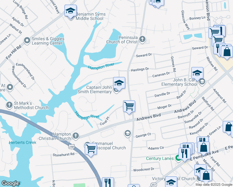 map of restaurants, bars, coffee shops, grocery stores, and more near 379 Woodland Road in Hampton