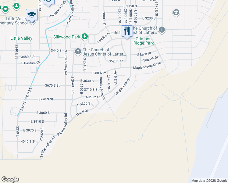 map of restaurants, bars, coffee shops, grocery stores, and more near 2888 Auburn Drive in St. George