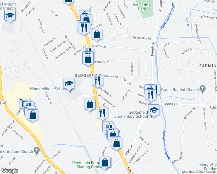 map of restaurants, bars, coffee shops, grocery stores, and more near 610 Willow Drive in Newport News
