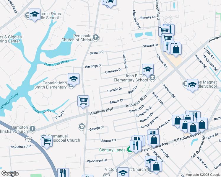map of restaurants, bars, coffee shops, grocery stores, and more near 1813 Darville Drive in Hampton