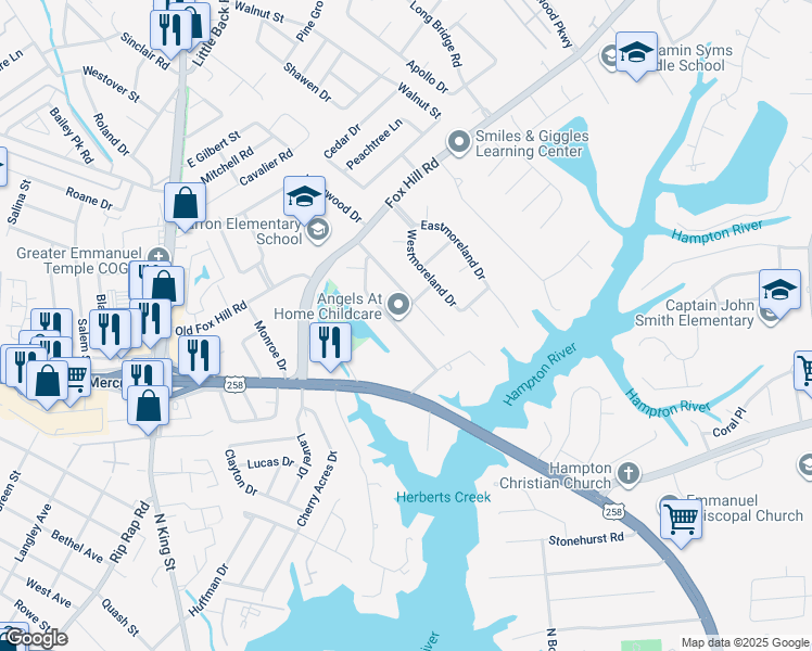 map of restaurants, bars, coffee shops, grocery stores, and more near 16 Markham Drive in Hampton