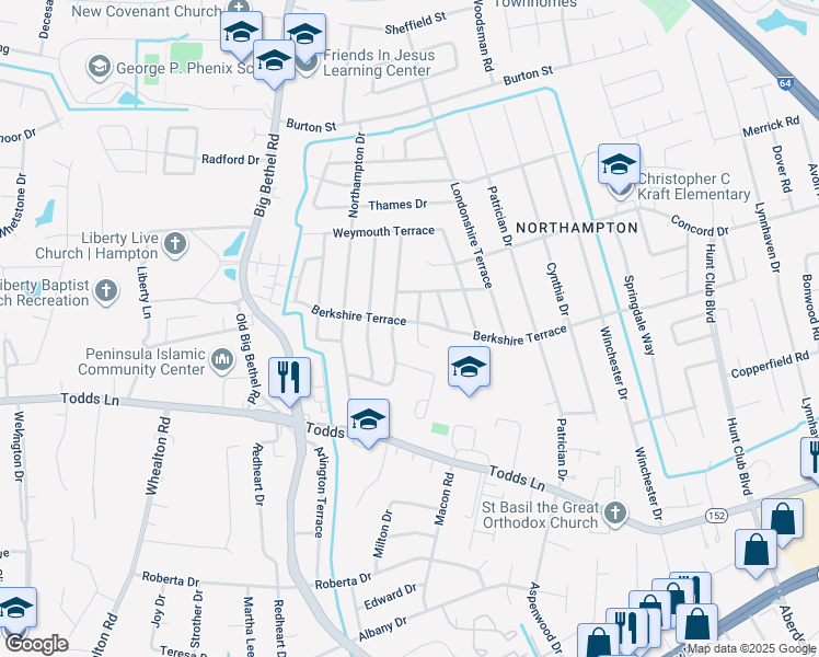 map of restaurants, bars, coffee shops, grocery stores, and more near 831 Berkshire Terrace in Hampton