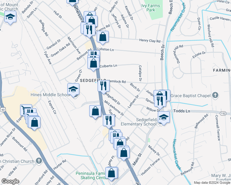 map of restaurants, bars, coffee shops, grocery stores, and more near 610 Willow Drive in Newport News