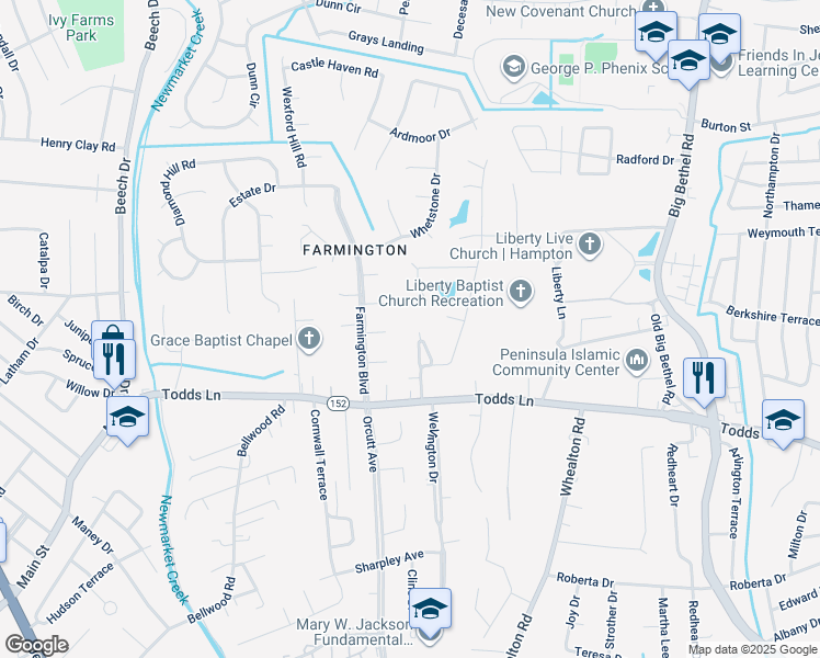 map of restaurants, bars, coffee shops, grocery stores, and more near 15 Ridgecrest Drive in Hampton