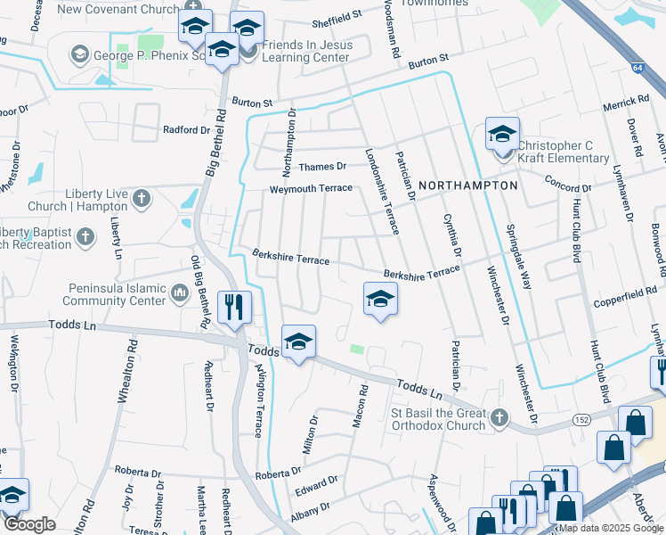 map of restaurants, bars, coffee shops, grocery stores, and more near 831 Berkshire Terrace in Hampton