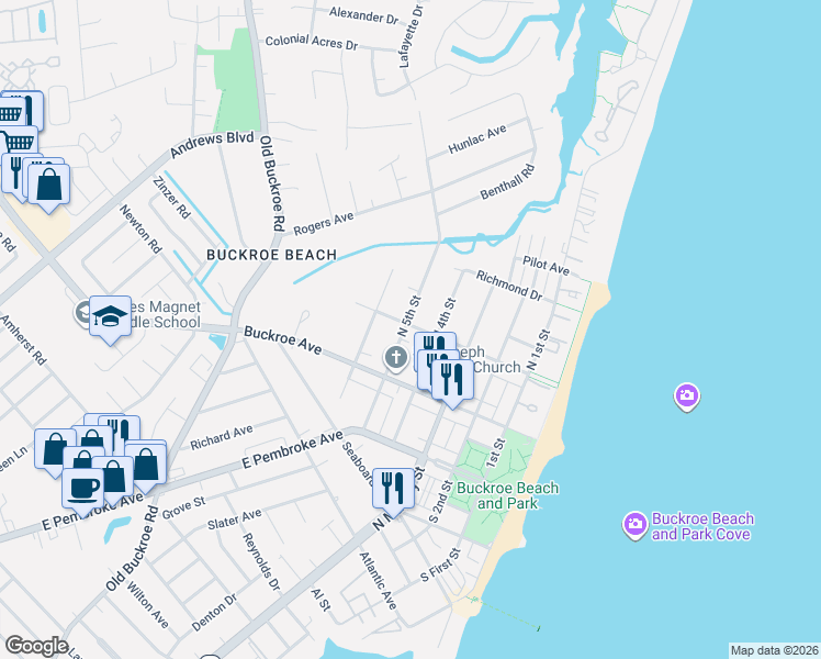 map of restaurants, bars, coffee shops, grocery stores, and more near 422 Tappan Avenue in Hampton