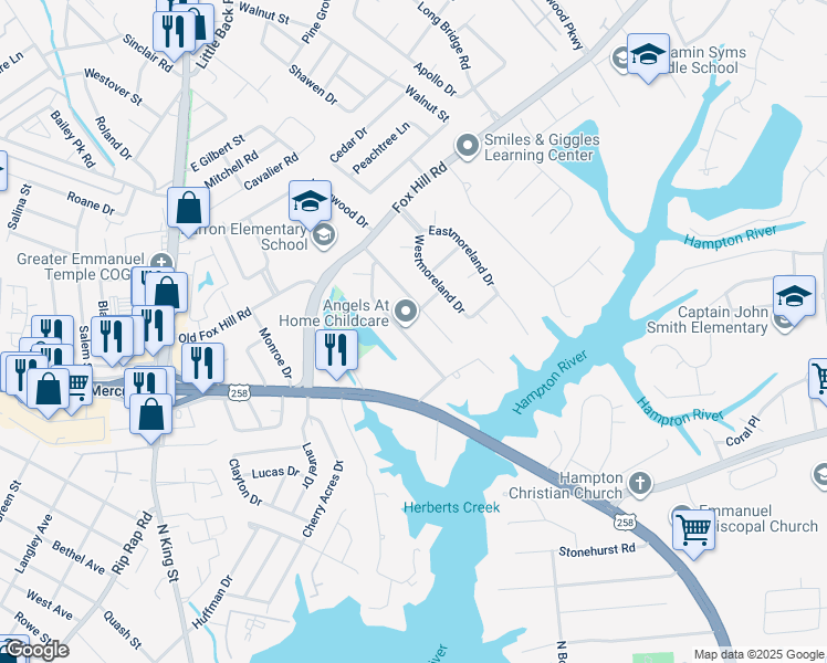 map of restaurants, bars, coffee shops, grocery stores, and more near 16 Markham Drive in Hampton