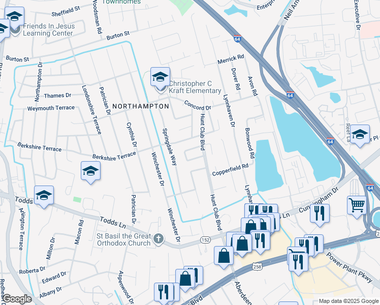 map of restaurants, bars, coffee shops, grocery stores, and more near 28 Steeplechase Loop in Hampton