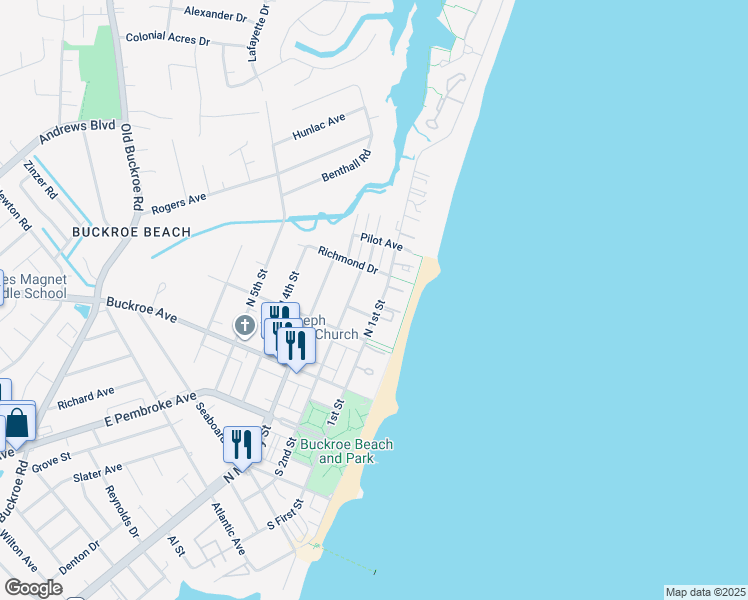 map of restaurants, bars, coffee shops, grocery stores, and more near 235 North 1st Street in Hampton