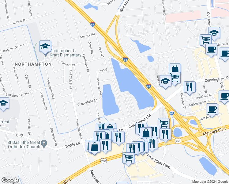 map of restaurants, bars, coffee shops, grocery stores, and more near 136 Lake One Drive in Hampton