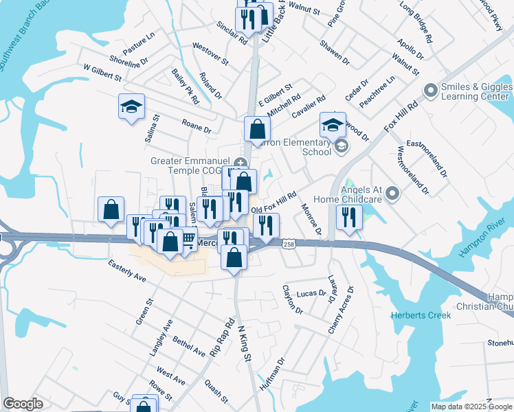 map of restaurants, bars, coffee shops, grocery stores, and more near 424 Jonquil Lane in Hampton