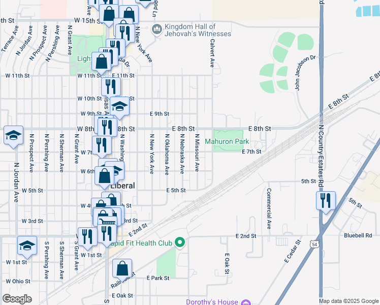 map of restaurants, bars, coffee shops, grocery stores, and more near 548 East 7th Street in Liberal