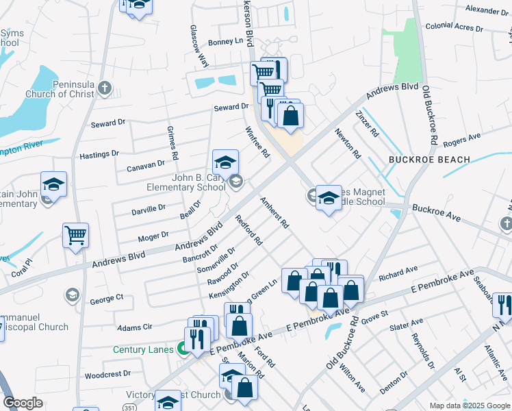 map of restaurants, bars, coffee shops, grocery stores, and more near 2011 Bancroft Drive in Hampton