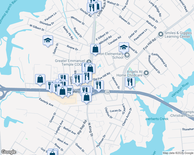map of restaurants, bars, coffee shops, grocery stores, and more near 422 Jonquil Lane in Hampton