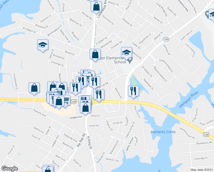 map of restaurants, bars, coffee shops, grocery stores, and more near 20 Old Fox Hill Road in Hampton