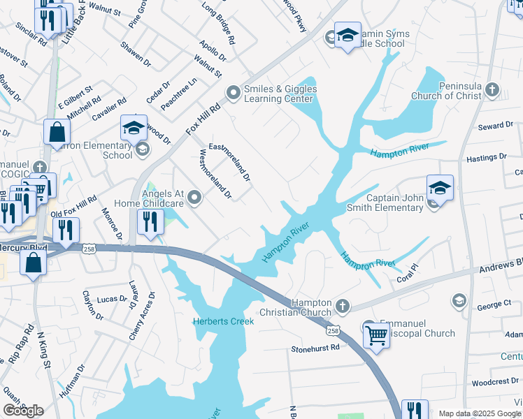 map of restaurants, bars, coffee shops, grocery stores, and more near 54 Eastmoreland Drive in Hampton