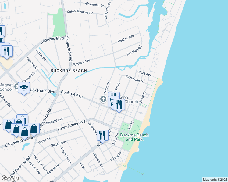 map of restaurants, bars, coffee shops, grocery stores, and more near 400 Tappan Avenue in Hampton