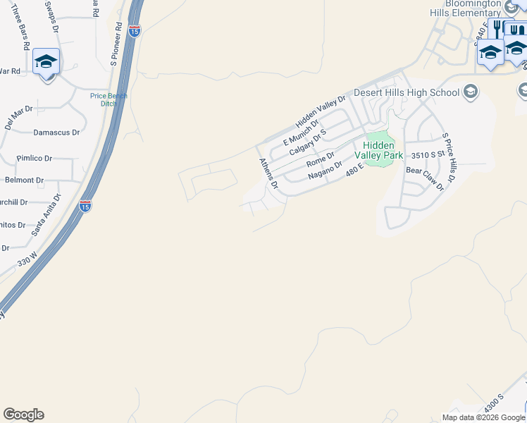 map of restaurants, bars, coffee shops, grocery stores, and more near 3628 South Atlanta Lane in St. George