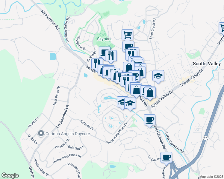 map of restaurants, bars, coffee shops, grocery stores, and more near 225 Mount Hermon Road in Scotts Valley