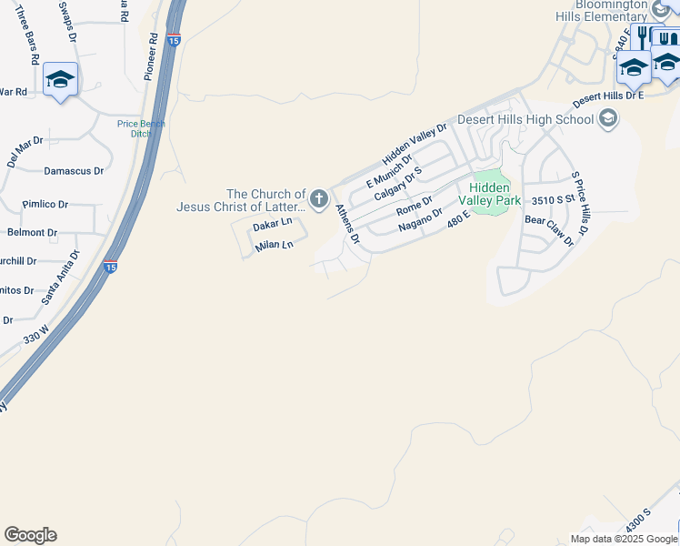 map of restaurants, bars, coffee shops, grocery stores, and more near 3628 South Atlanta Lane in St. George