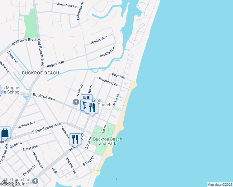 map of restaurants, bars, coffee shops, grocery stores, and more near 235 North 1st Street in Hampton