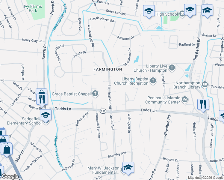 map of restaurants, bars, coffee shops, grocery stores, and more near 1 Woodlawn Drive in Hampton