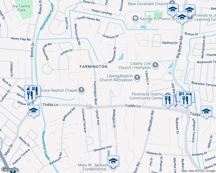 map of restaurants, bars, coffee shops, grocery stores, and more near 15 Ridgecrest Drive in Hampton