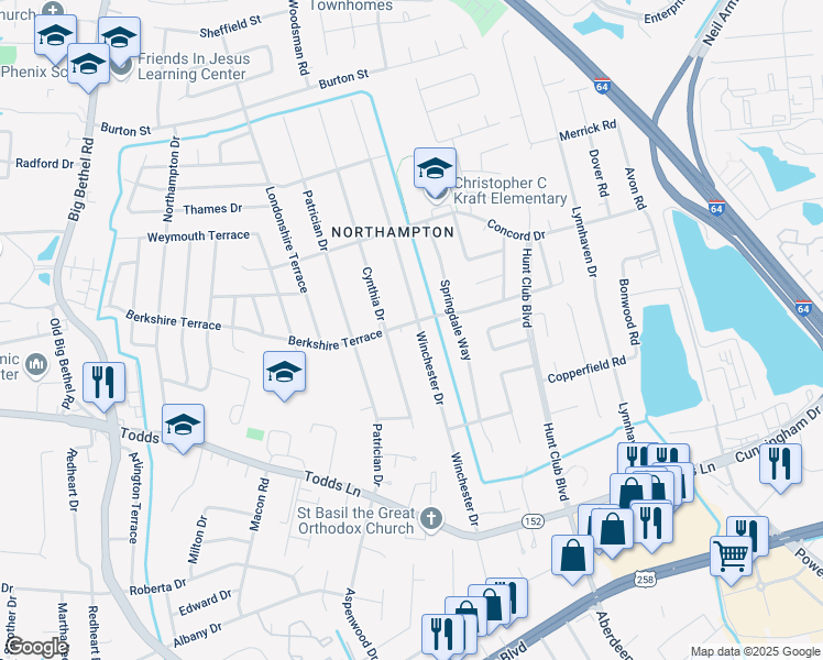map of restaurants, bars, coffee shops, grocery stores, and more near 167 Winchester Drive in Hampton