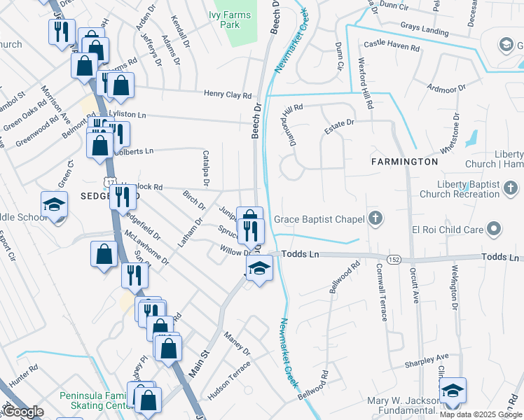 map of restaurants, bars, coffee shops, grocery stores, and more near 404 Beech Drive in Newport News