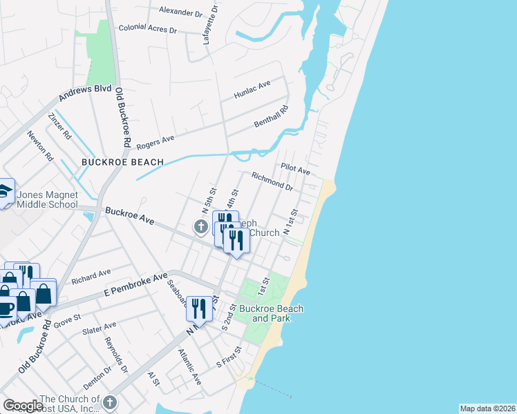 map of restaurants, bars, coffee shops, grocery stores, and more near 2112 North Mallory Street in Hampton