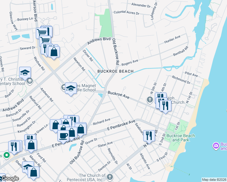 map of restaurants, bars, coffee shops, grocery stores, and more near 814 Buckroe Avenue in Hampton
