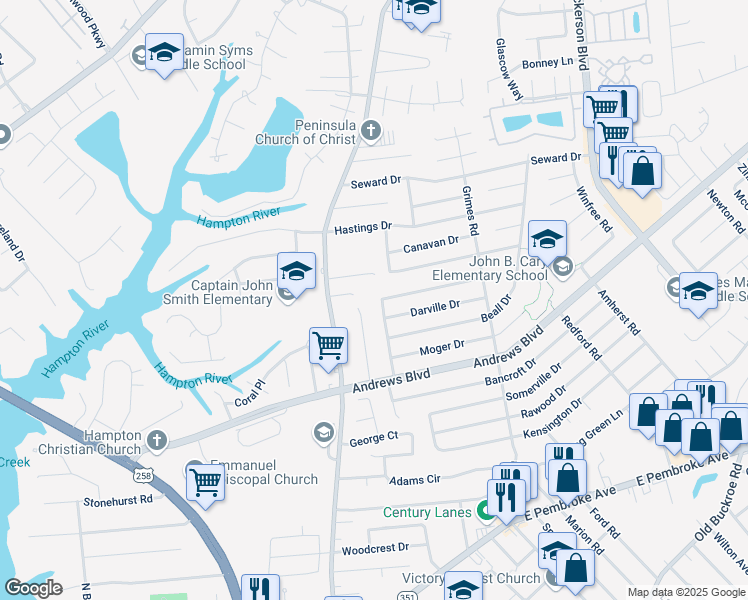 map of restaurants, bars, coffee shops, grocery stores, and more near 1507 Addison Rd in Hampton